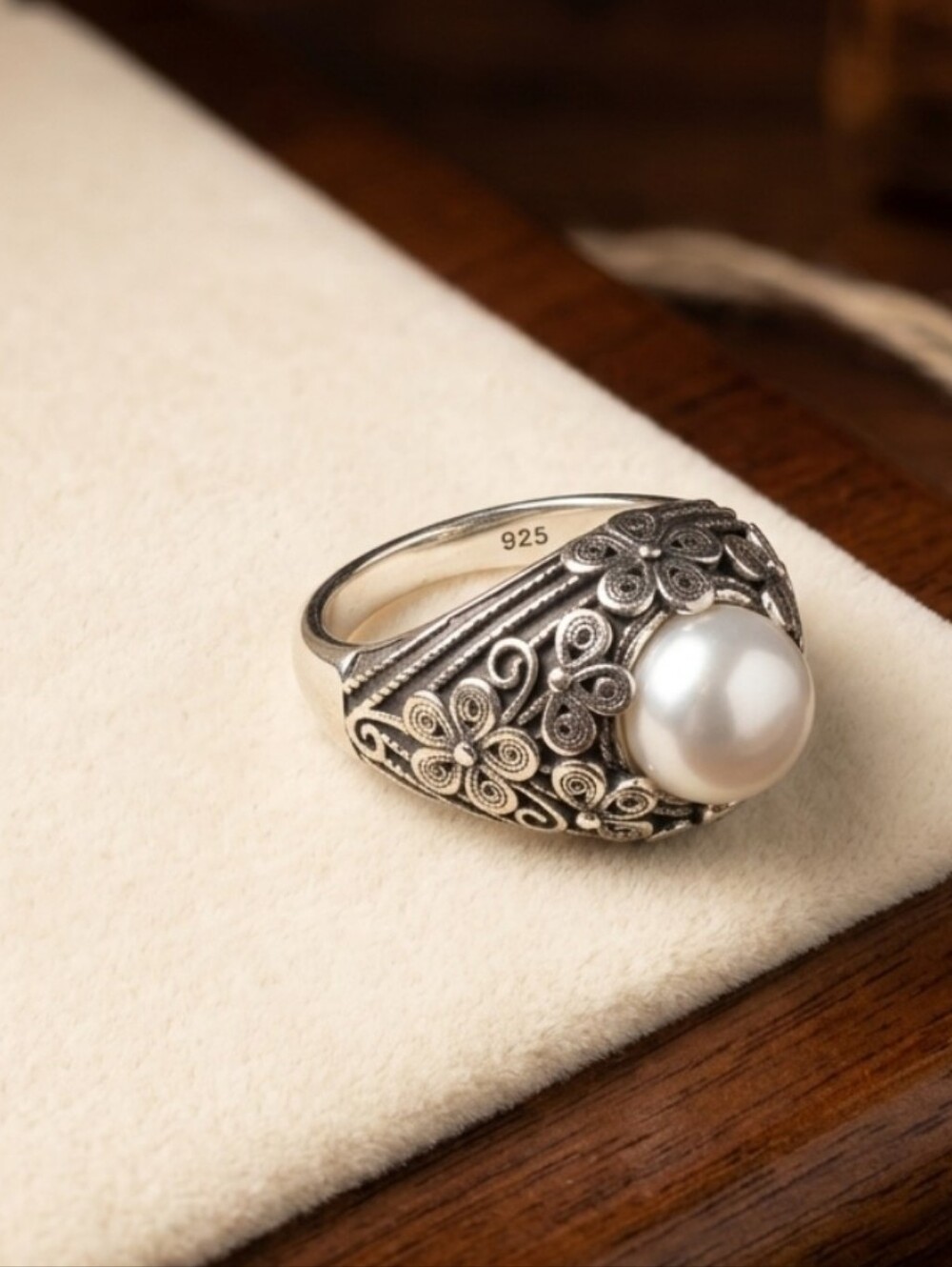 VINTAGE 925Sterling Silver Pearl Filigree Cocktail Statement Ring Heavy 14g Sz10